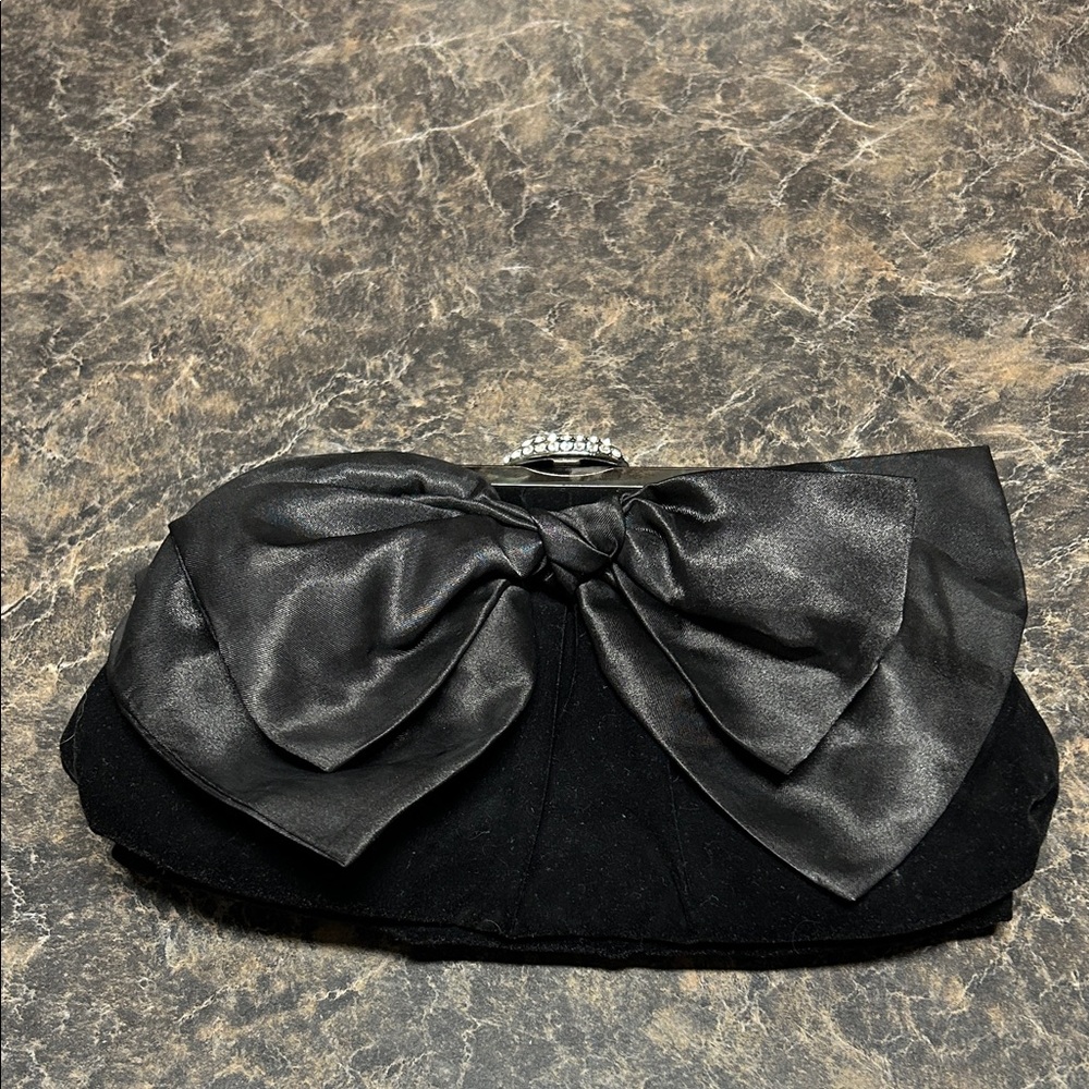 Neiman Marcus - Black Velvet Evening Bag w Bow trim and jeweled clasp